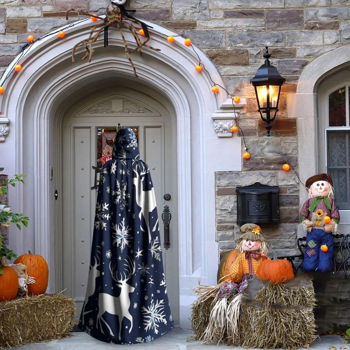 عيد الميلاد الأزرق والأبيض طويل مقنعين عباءة الساحرة القرون الوسطى زي تأثيري كيب هالوين مصاص دماء الكبار للجنسين