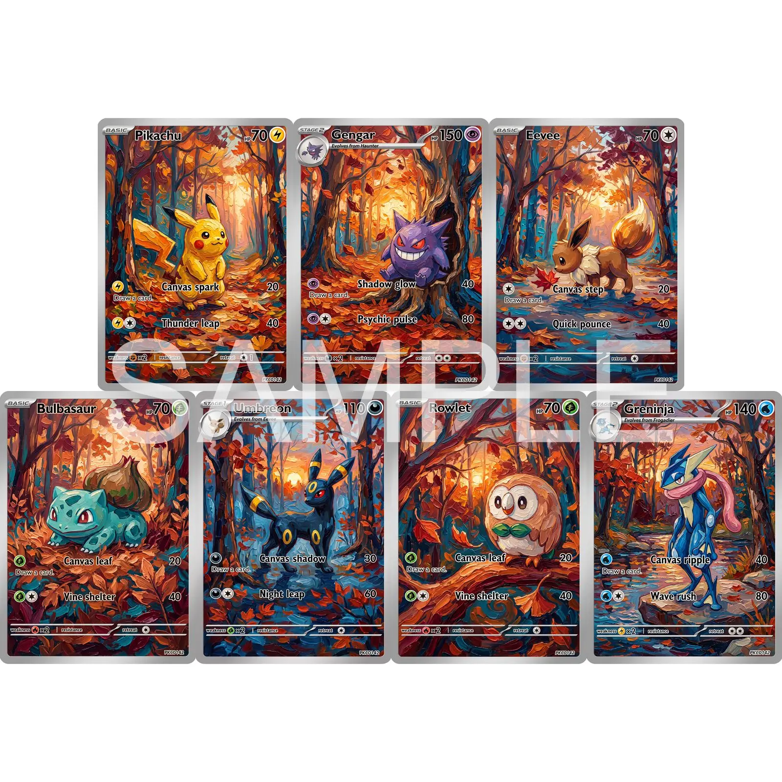 7Pcs PKM Cards PTCG Post Impressionist Oil Painting Style Gengar Eevee Bulbasaur Umbreon Rowlet Greninja Collection Cards PTCG