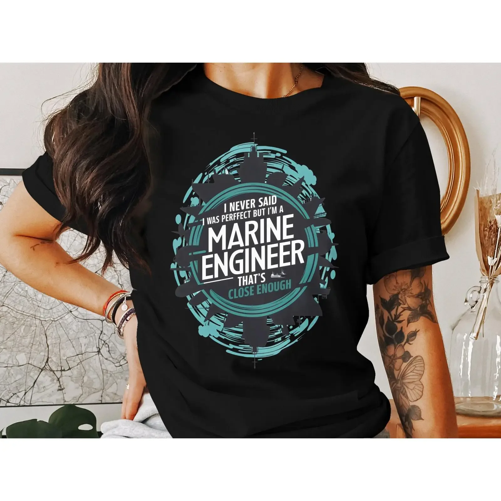 T-shirt d'ingénieur marin, style vintage, délavé, unisexe, coupe ample, idéal pour un usage quotidien, vêtements de créateur de style streetwear, mode.