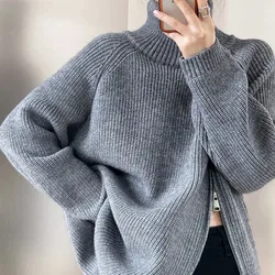 2025Donna dolcevita lavorato a maglia con cerniera maglione lungo cappotto oversize Y2k top casual spesso caldo collo alto maglioni lunghi da donna alla moda