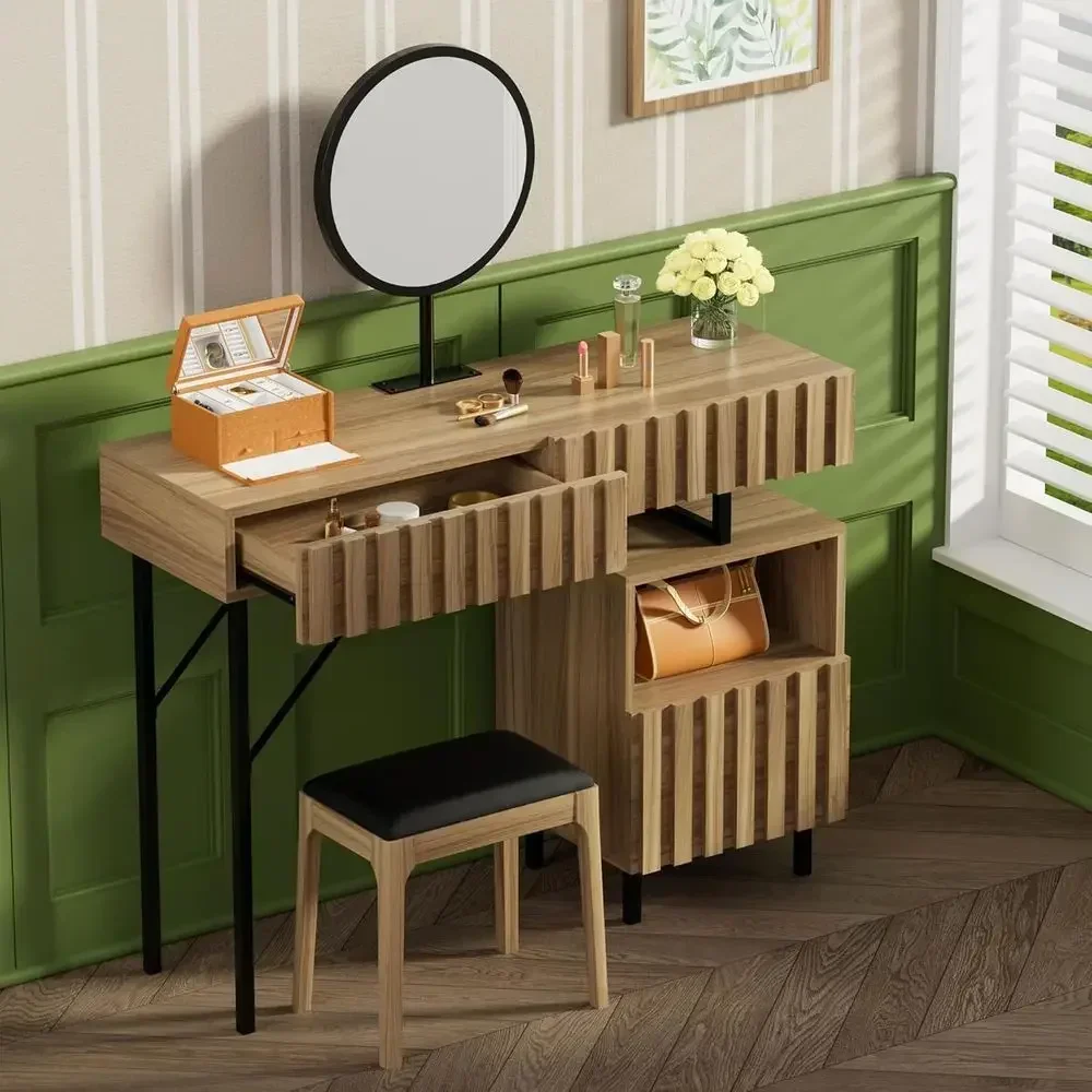 Wooden Vanity Desk with Mirror and Storage, Makeup Desk Set for Bedroom