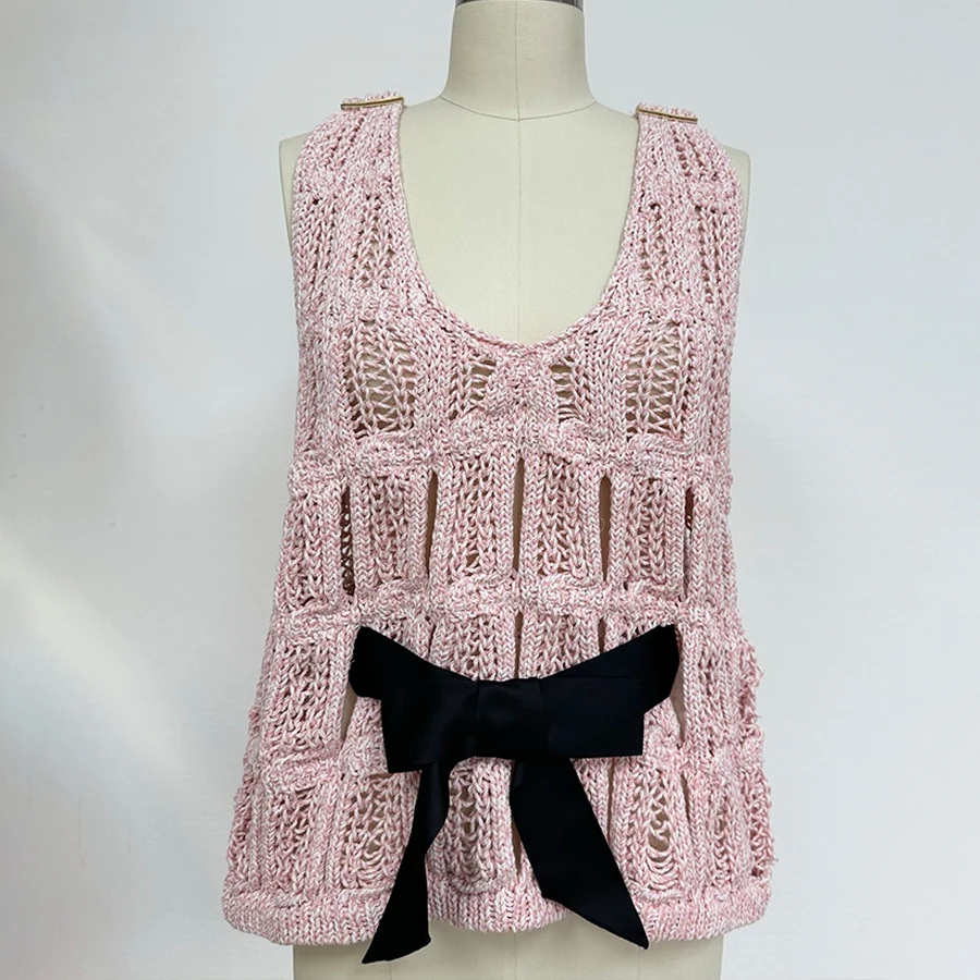 

NIGO Women's Spring/Summer High Street V-neck Hollow-out Bow Belt Solid Color Cotton Sleeveless Knitted Vest #hz1114
