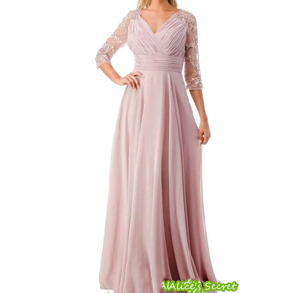 

A-Line Tulle Mother of the Bride Dress for Wedding Party 3/4 Sleeve V Neck Ruched Appliques Full Length Sweep Train