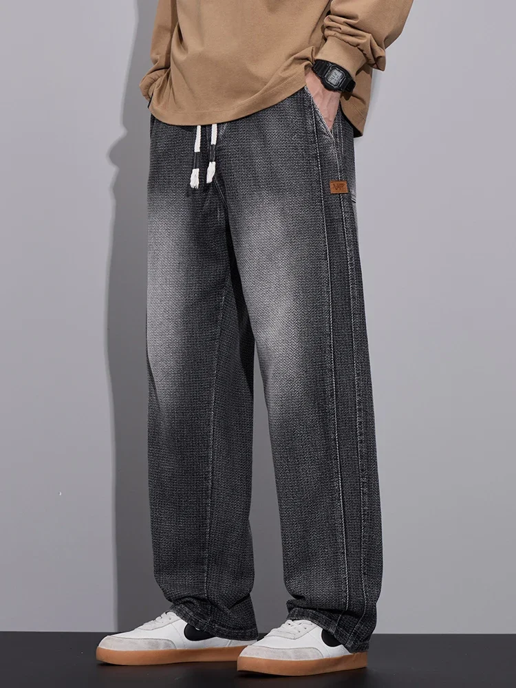 봄 헐렁한 넓은 다리 청바지 남성 탄성 허리 질감 패브릭 조깅 바지 패션 한국어 streetwear 캐주얼 루즈 한 바지