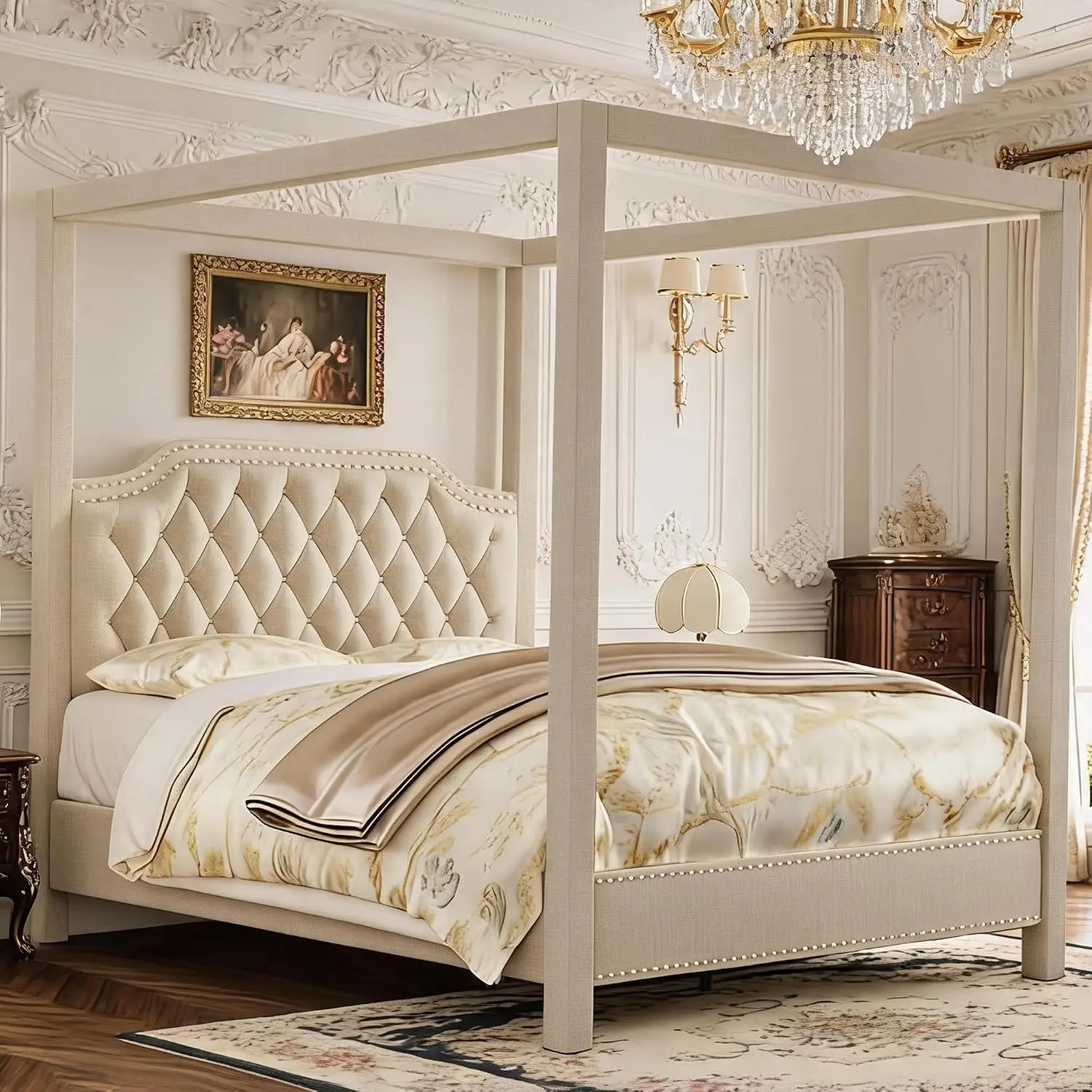 Upholstered King Bed Frame with Canopy Poles & Headboard for Bedroom, Customized