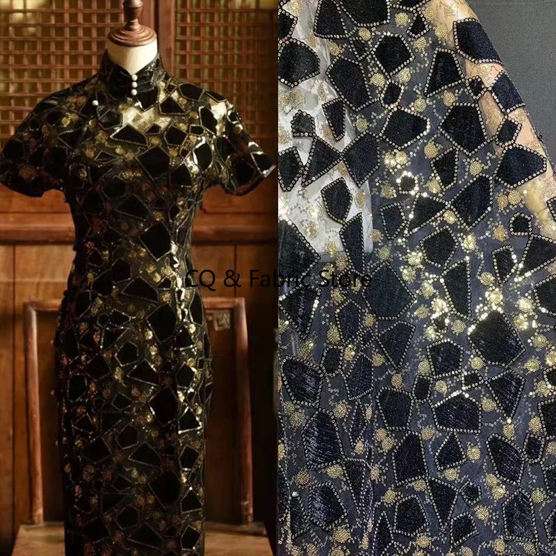 Black High-Density Mesh Fabric Flannel Beads Geometric Embroidered Fabric Micro-Elastic Skirt Clothig Dress Handmade DIY Fabric