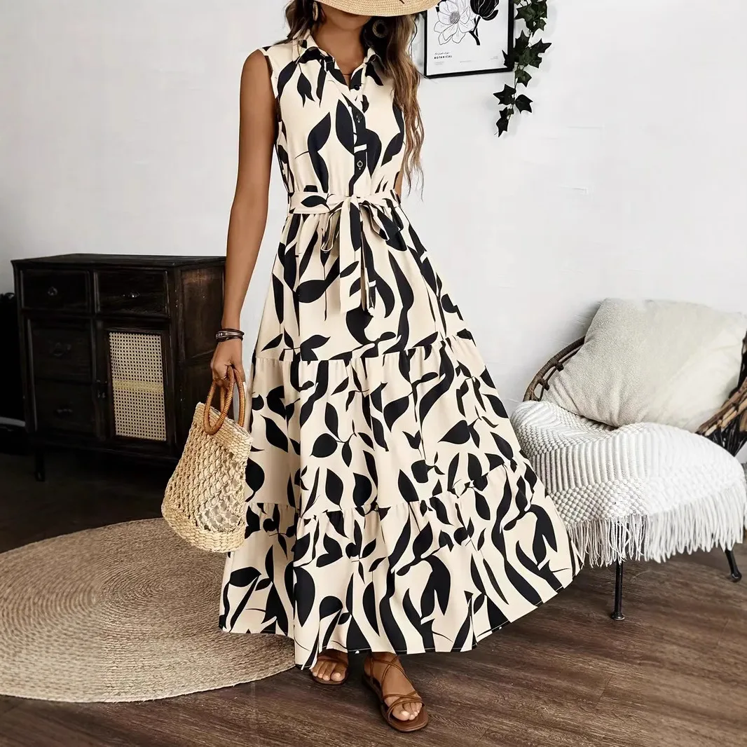 Chemise imprimée sans manches pour femmes, col rabattu, boutons, à lacets, décontractée, élégante, taille, col en V, à volants, ligne A, ample, surdimensionnée, robe de soirée