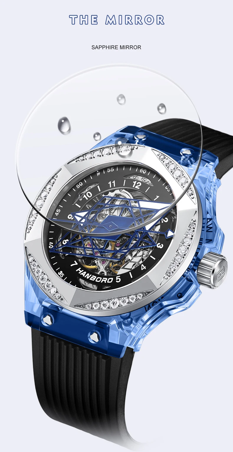 HANBORO, reloj automático para hombre, caja acrílica de 42mm, reloj de pulsera mecánico, resistente al agua, zafiro luminoso, esfera hueca