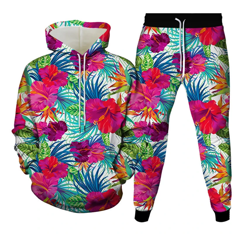 패션 플로럴 플라워 3D 프린트 후드티 팬츠 세트 남성 스웨트셔츠 스웨트팬츠 스트리트웨어 투피스 수트 트랙수트 남성 의류