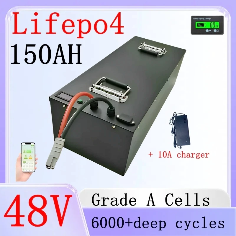 

48v 150AH waterproof Lifepo4 battery bluetooth BMS for 4800w 7000w 9600w 11kw Scooter bike golf cart Solar energy + 10A charger