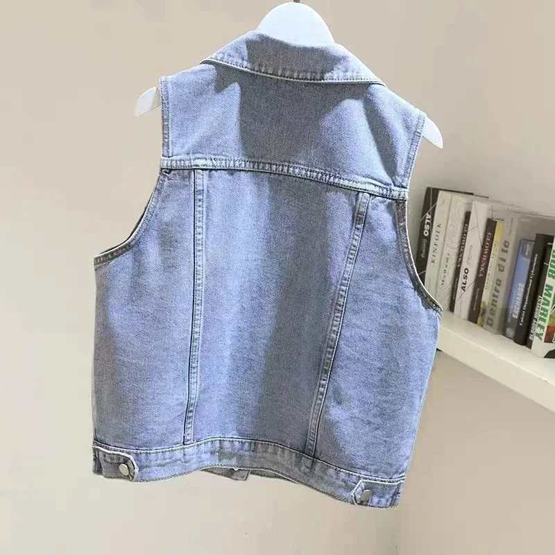 Veste courte en denim émaillé pour femme, gilet de cow-boy simple, manteau de fibre à grandes poches, haut femme, printemps, été, nouveau, 2024