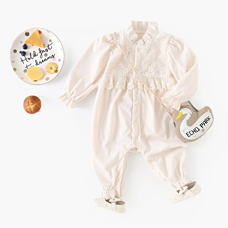 

MILANCEL New Autumn Baby Rompers 3-24M Lace Floral Infant Girls Corduroy Jumpsuit Warm Toddler Embroidery Flower One Piece