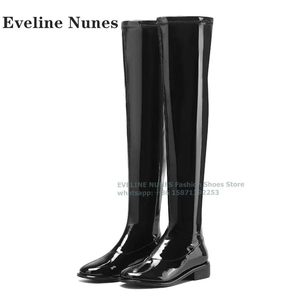 Round Toe Splicing Solid Elegant Women Trouser Boots Black Square Heel Over The Knee Boot Crafted In Sleek Plus Size 2024 Trend