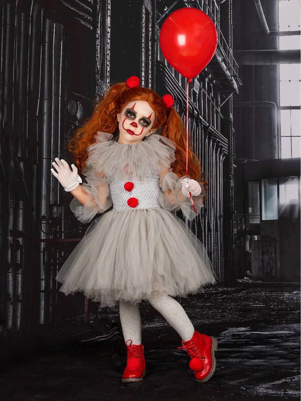 Costume de Clown Cosplay avec Accessoires pour Enfant, Robe à Pompon Grise, Nouveau Style, Halloween