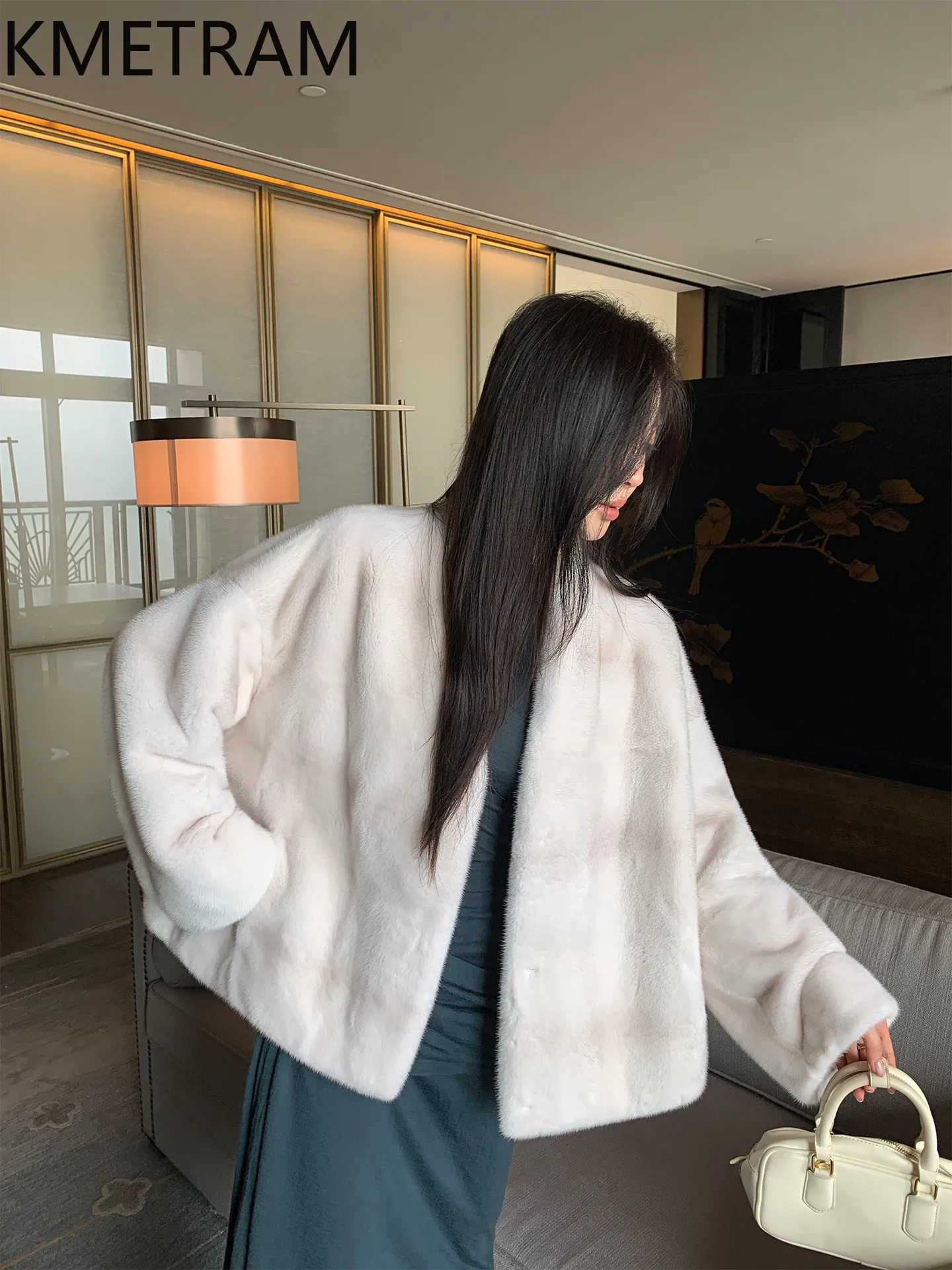 KMETRAM Real Velvet Mink Fur Coat Woman Light Purple Whole Mink Fur Jacket Winter V-Neck Jackets Women Clothing 65cm 2026 casaco