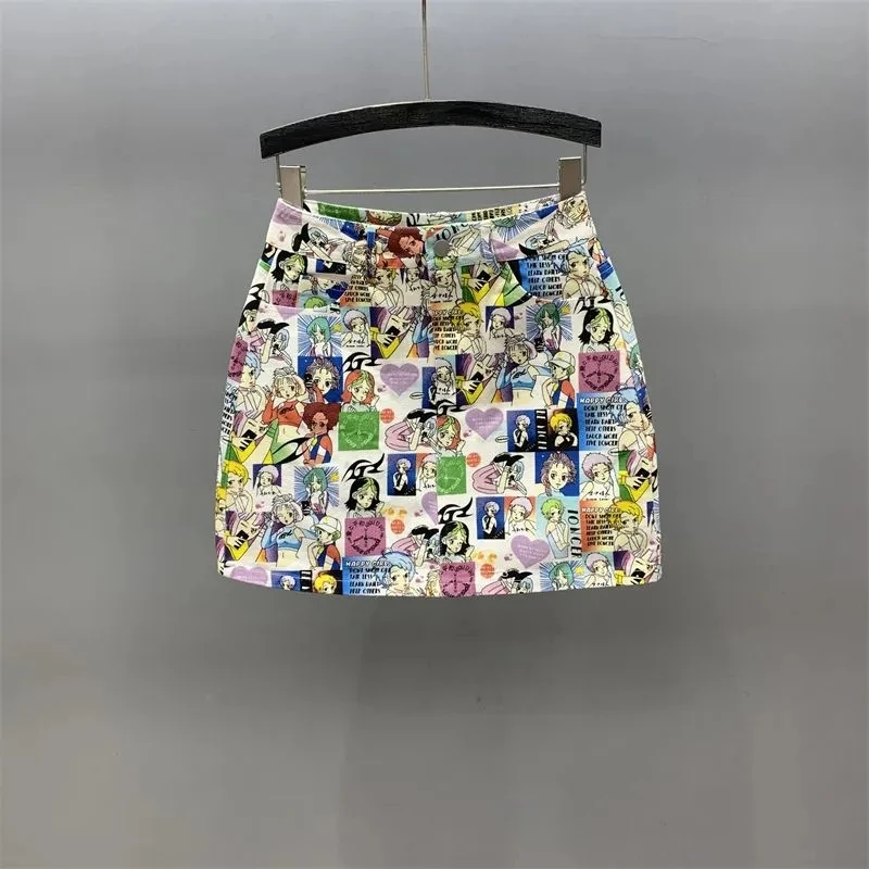 

Fashion Cartoon Print Denim Skirt Female 2023 Summer New High Waist Slim A Word Package Hip Women Elegant Short Skirt Miniskirt