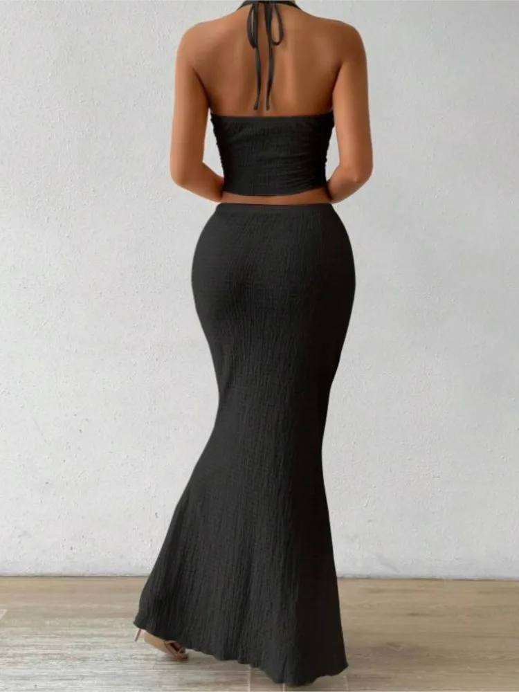 Fashion New Women 2026 Summer Sexy Solid Color Hanging Neck Top Long Skirt Fashion Two-piece Set Tight And Elegant Two-piece Set