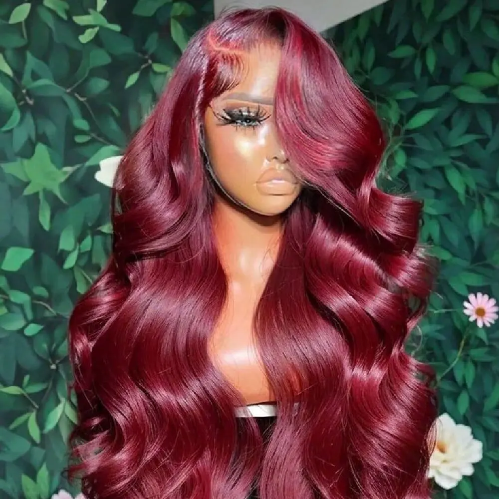 

Бордовый 99J 200% Плотность Объемная волна Парик фронта шнурка 13x4 HD Парик фронтальной части шнурка Человеческие волосы Предварительно выщипанные 99j Парик красного цвета