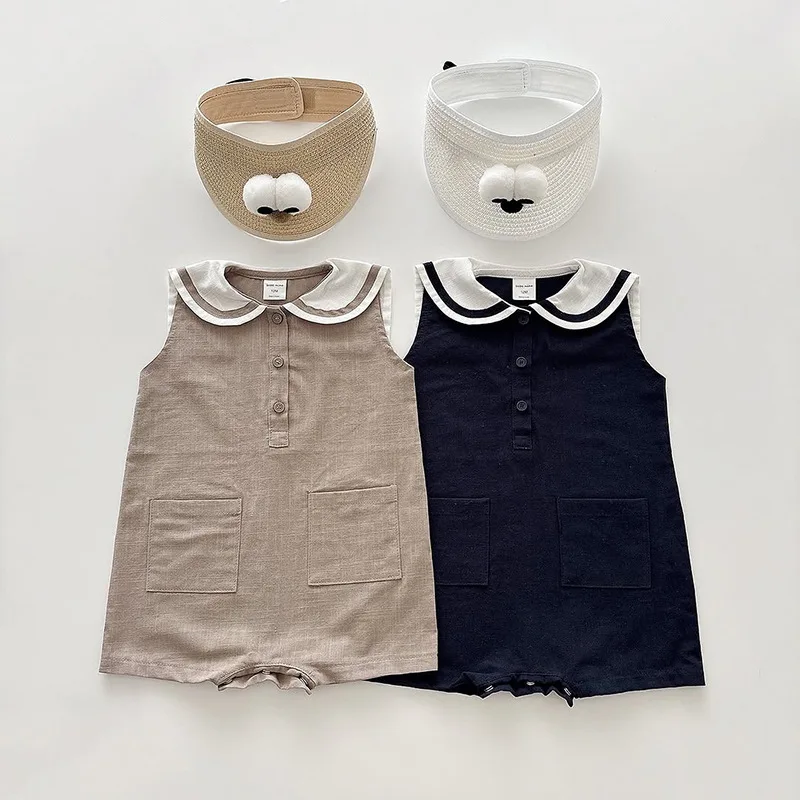 

Летний новый хлопковый комбинезон-боди без рукавов для девочек, с милым матросским воротником, однотонный, для новорожденных и малышей, 0-24 месяца, коллекция 2026 года