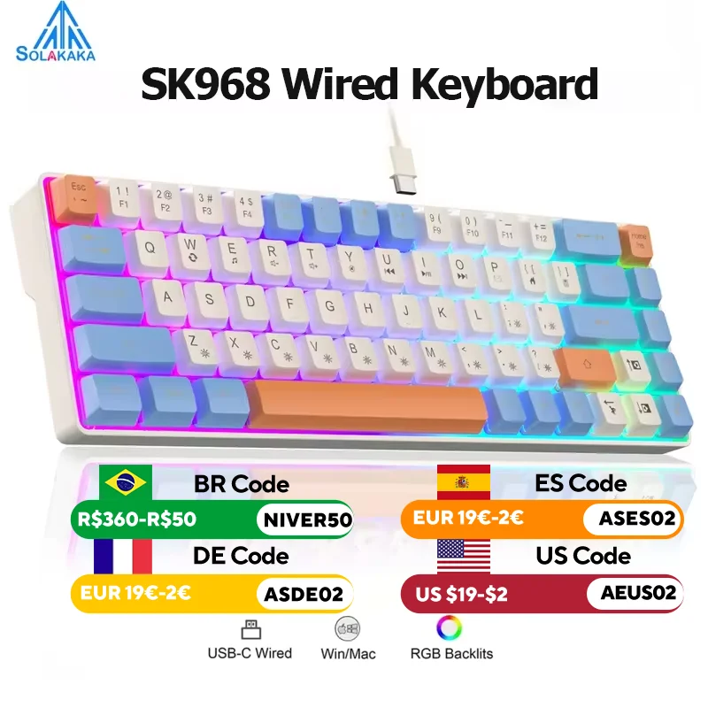 SOLAKAKA SK968 Wired Keyboard Optical Switches RGB Backlit Keycaps 60% Compact Office Computer Membrane Gaming Keyboard Portable