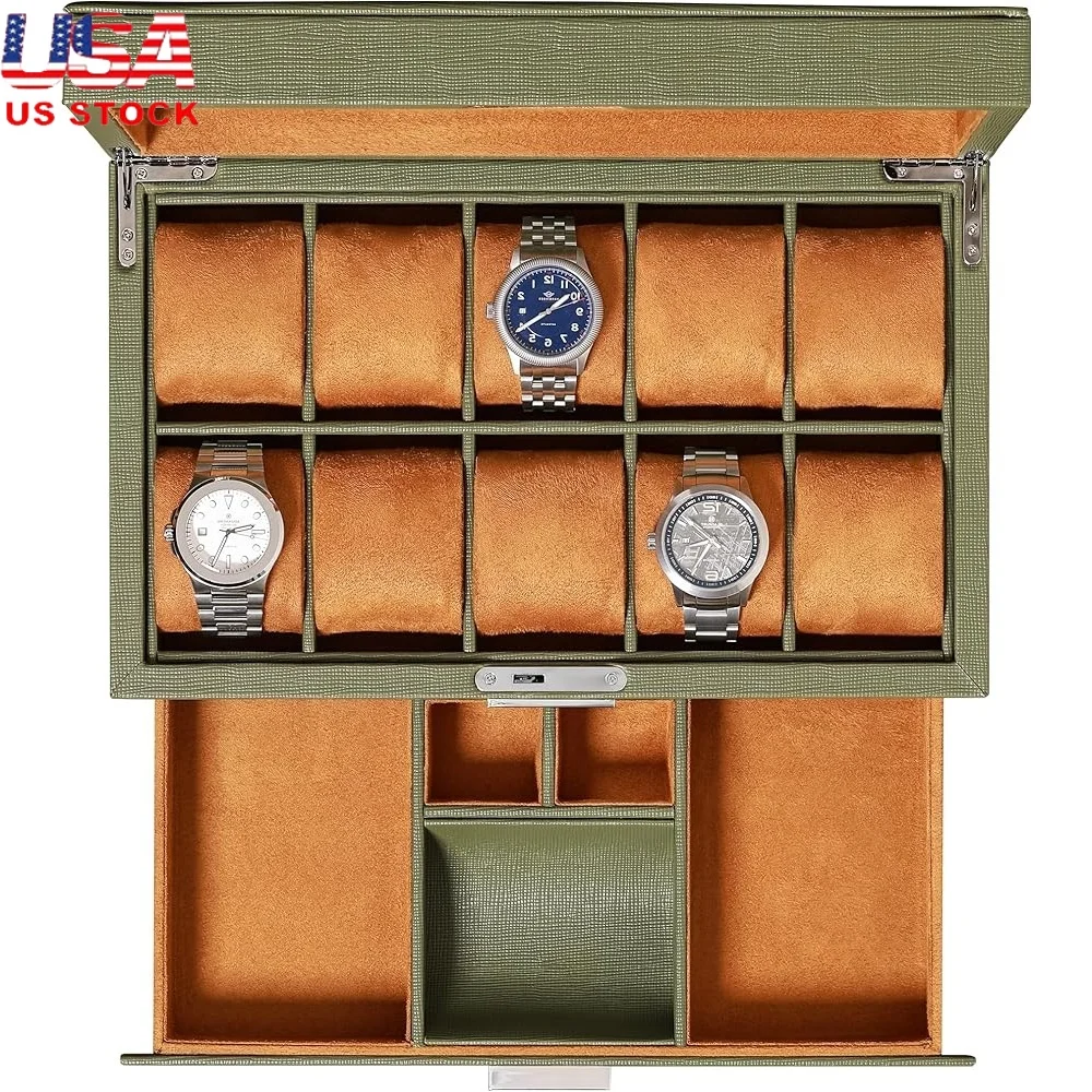 

Luxury 10 Slot Watch Organizer Display Box with Valet Drawer Leather Storage Ideal Gift Watch Collectors