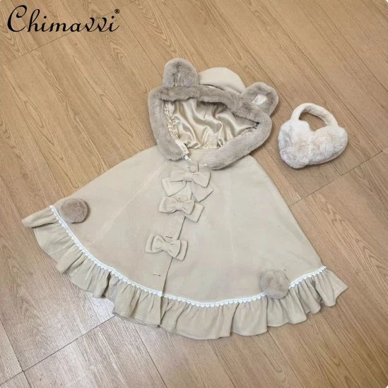 

Sweet Lolita Hooded Cloak Autumn and Winter New Women's Cute Bow Plush Rabbit Ears Short Coat Girls Woolen Capes Ponchos