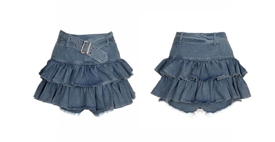 

Vintage Y2K Skirt Double Layered Ruffle Edge Fake Two Piece High Waisted Anti Glare Layered Fashion Niche Cake Skirt Denim Skirt