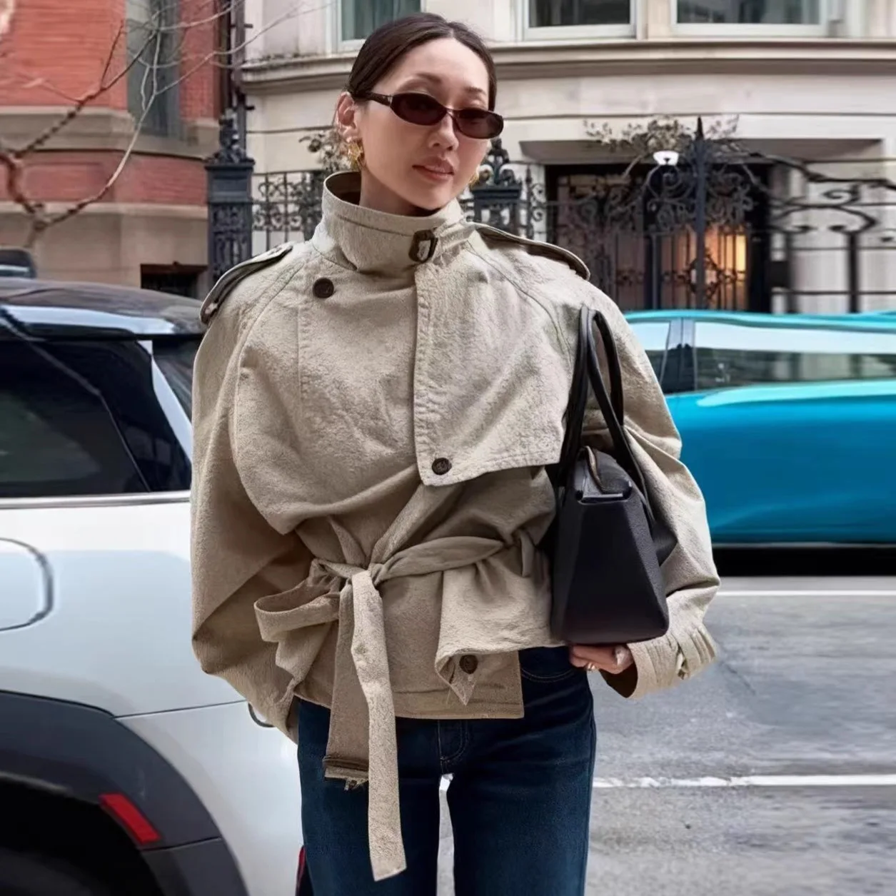 

Women's Vintage Stand-Collar Trench Coat Winter Fashionable Elegant Casual Long-Sleeve Jacket Belted Windproof Commuter Outwear