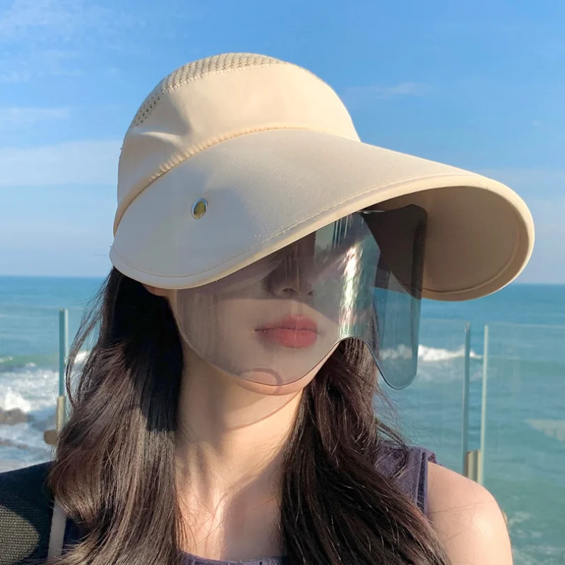 Summer Women Sun Hat with Glasses 13cm Large Brim Bucket Hat Breathable Outdoor Empty Top Cap Magic Tape Adjust Travel Beach Cap