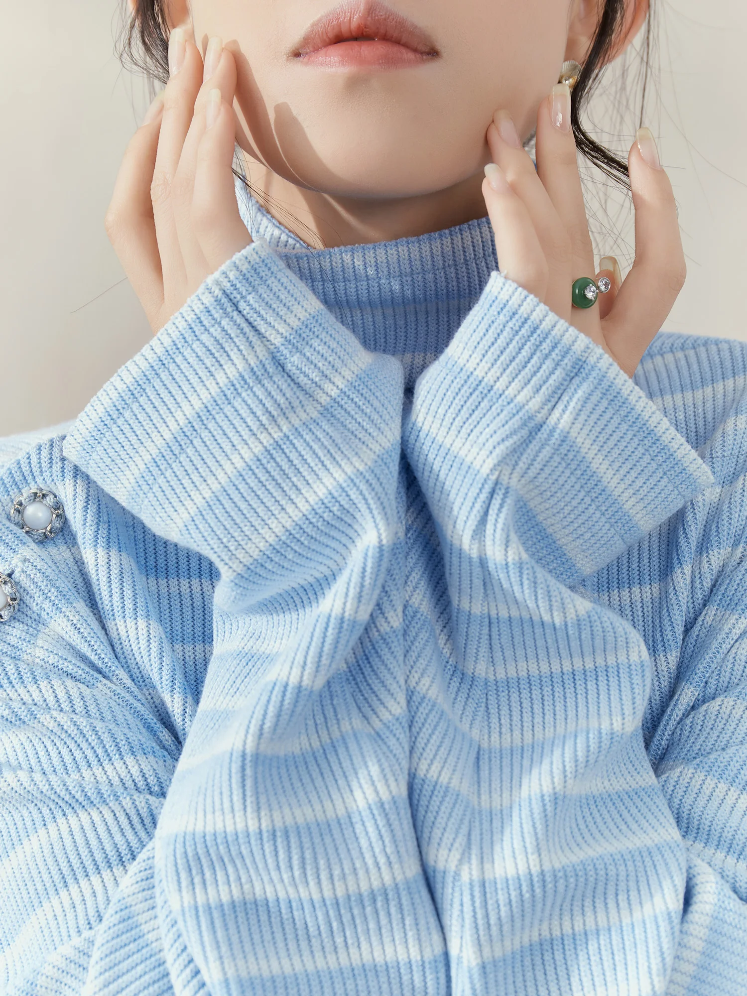 

Flowing Era Early Autumn High Ne Knitted Sweater Stripe Design Casual Loose Fit Long Sve Polyester Fiber Women's Top