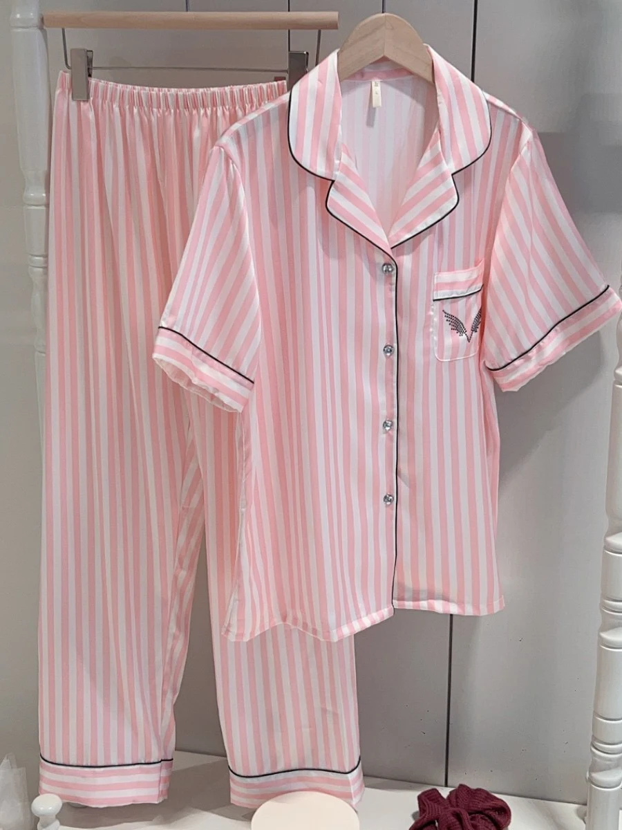 summer-new-women's-stripe-ice-silk-home-clothes-short-sleeve-angel-silk-thin-set-wearable-out-thin-nightgown-loose-fit-cool-b