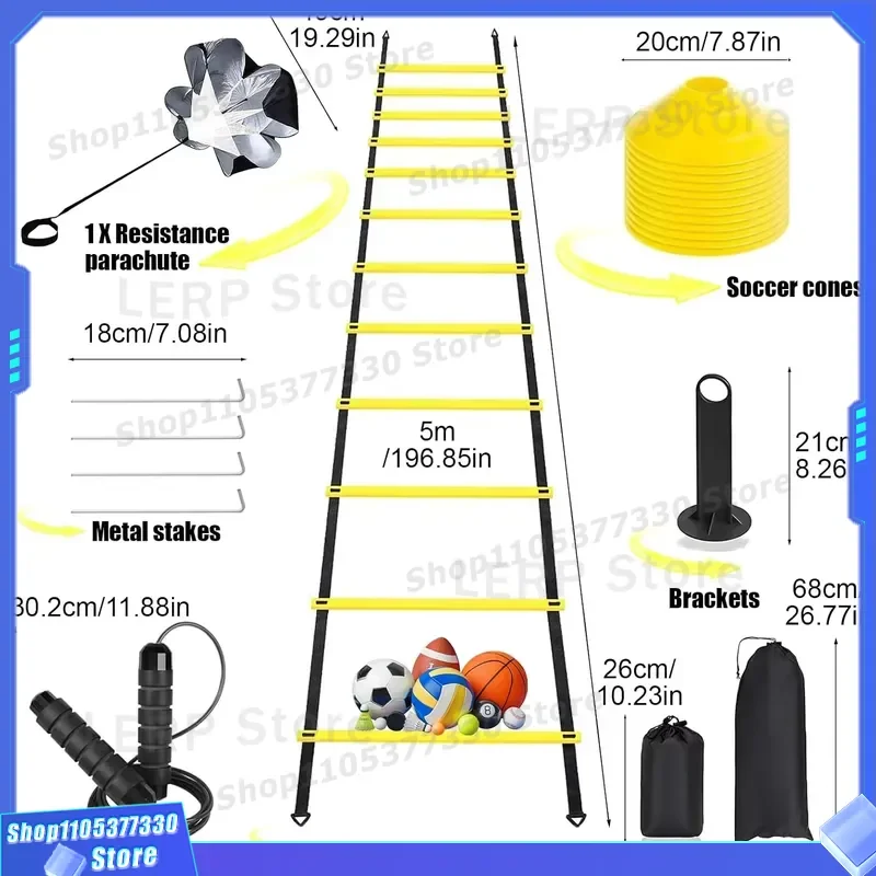 20ft Agility Ladder Speed Training Kit with Football Cones Resistance Parachute Jump Rope for Soccer Basketball Fitness Drill