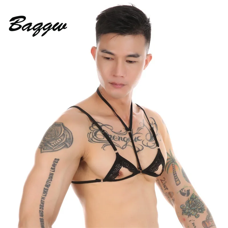 Erotic Hornier Gay Cross-dresser Mens Open Nipple Bra Solid Color Sheer See Through Lace Hollow Out Seduction Nightclub Male Top