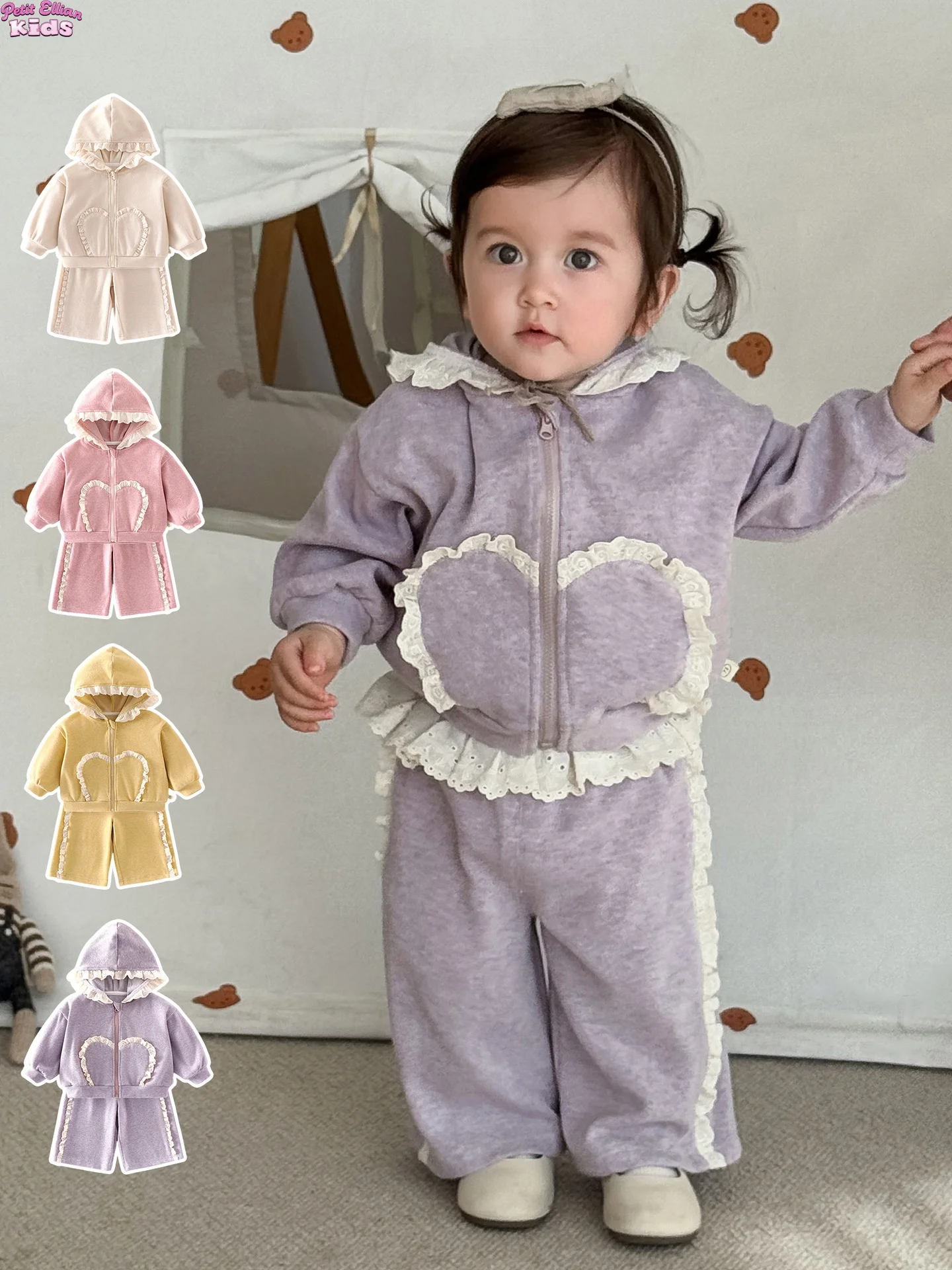 

Girl Clothes 0-5Y Baby Girl clothes Cotton 2Pcs Sets Lace Trim Hooded Jacket and Knit Pants Sweet Casual Outfit for Daily Wear