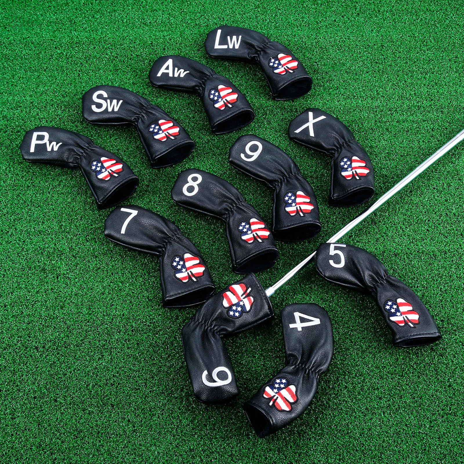 

11Pcs/Set Soft PU Leather Golf Irons Headcover Lucky Clover Iron Club Head Covers with Number Printed 4,5,6,7,8,9,Aw,Sw,Pw,Lw,X