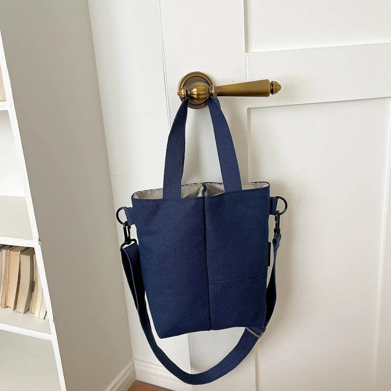 Canvas Tote Handbag Multi‑pocket Casual Shoulder Bag Removable Crossbody Strap Solid‑color Daily Shopping Small Bucket Purse