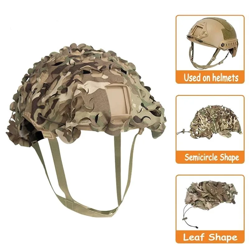 3D Camo Net FAST Helmet Cover Scrim High Cut Nylon Drawstring Helmet Scrim Tactical Paintball Paratrooper Hunting Accessories