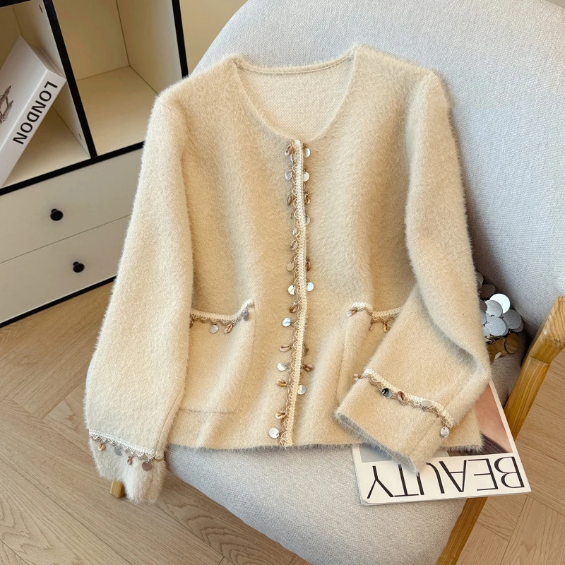 

Модный однорядный свитер с блестками для женщин, осенне-зимний вязаный кардиган из искусственного меха норки, топы, женская верхняя одежда