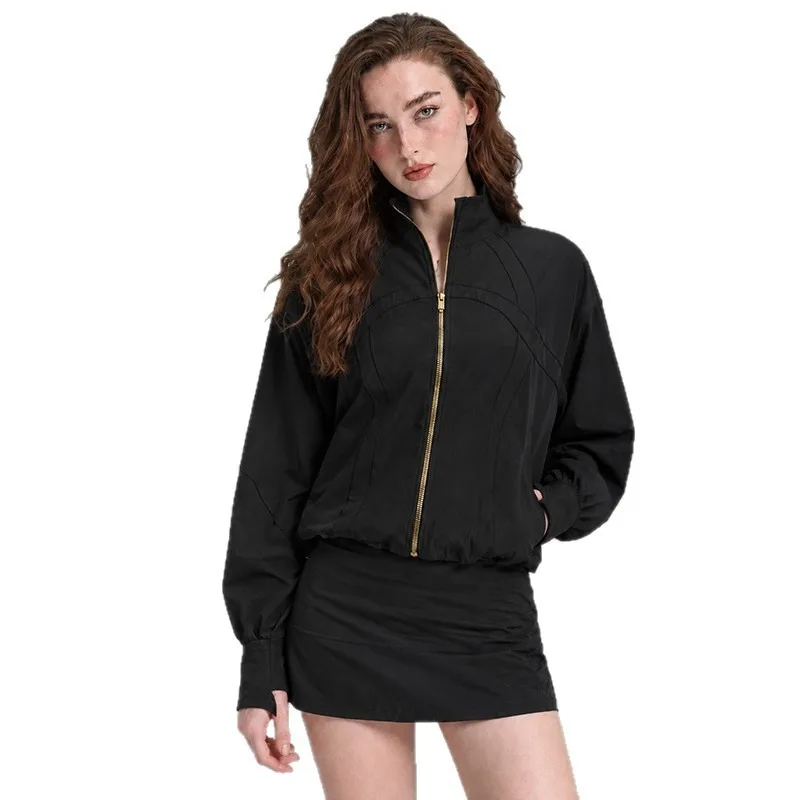 Outdoor Stand Collar Hiking Windproof Jacket Women Loose Casual Hem Drawstring Sports Fitness Jacket Spring Autumn Coat