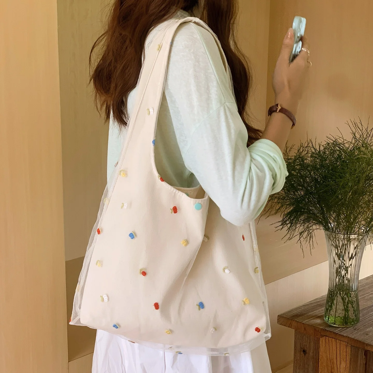 Korean Style Embroidered Flower Canvas Tote Bag Women's Large Capacity  Single Shoulder Bag Commuter Armpit Bag