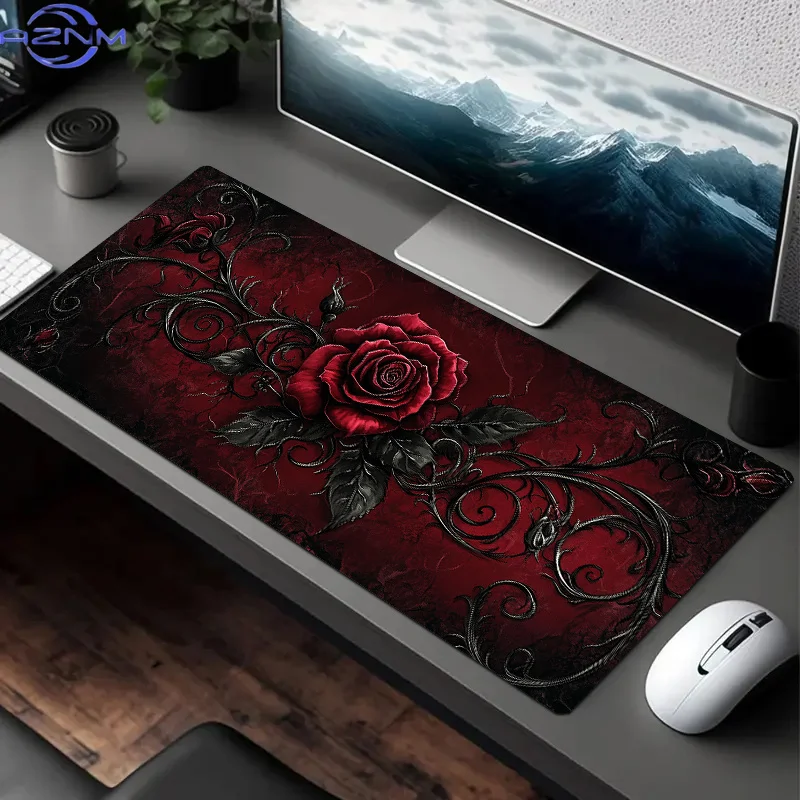 Gothic Thorn Rose Design Mouse Pad | Large cm x cm Non-Slip Rubber Base, Dark Red Polyester Gaming & Office Mat with Intricate F