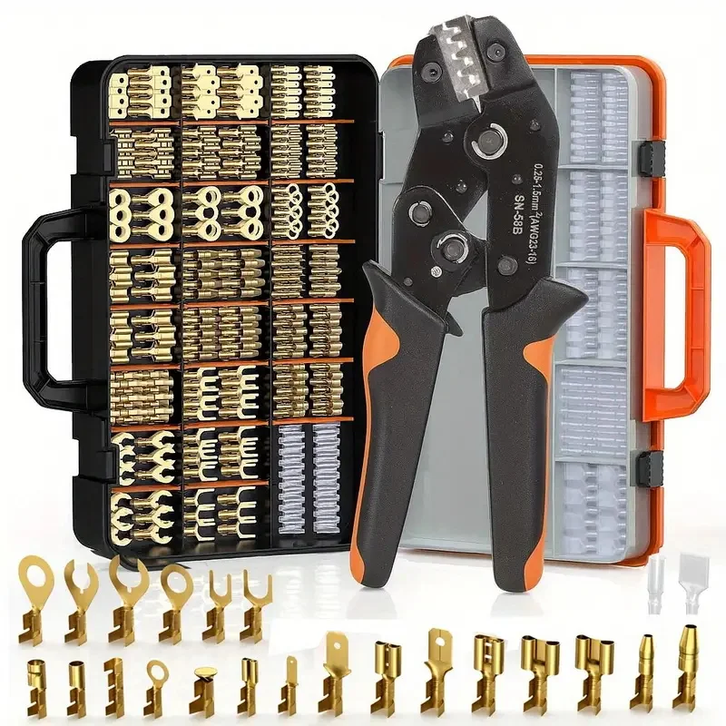 SN‑58B Ratchet Crimping Tool Kit,600Pcs Insulated Male‑Female Wire Terminals,0.25‑1.5mm² AWG23‑16, Clear Insulating Sleeves