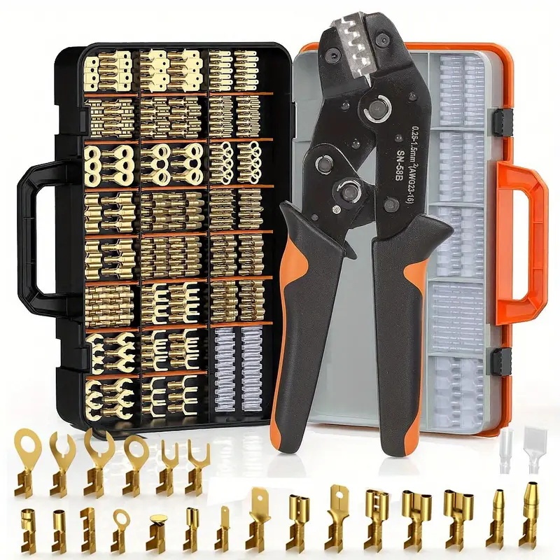  SN‑58B Ratchet Crimping Tool Kit,600Pcs Insulated Male‑Female Wire Terminals,0.25‑1.5mm² AWG23‑16, Clear Insulating Sleeves 