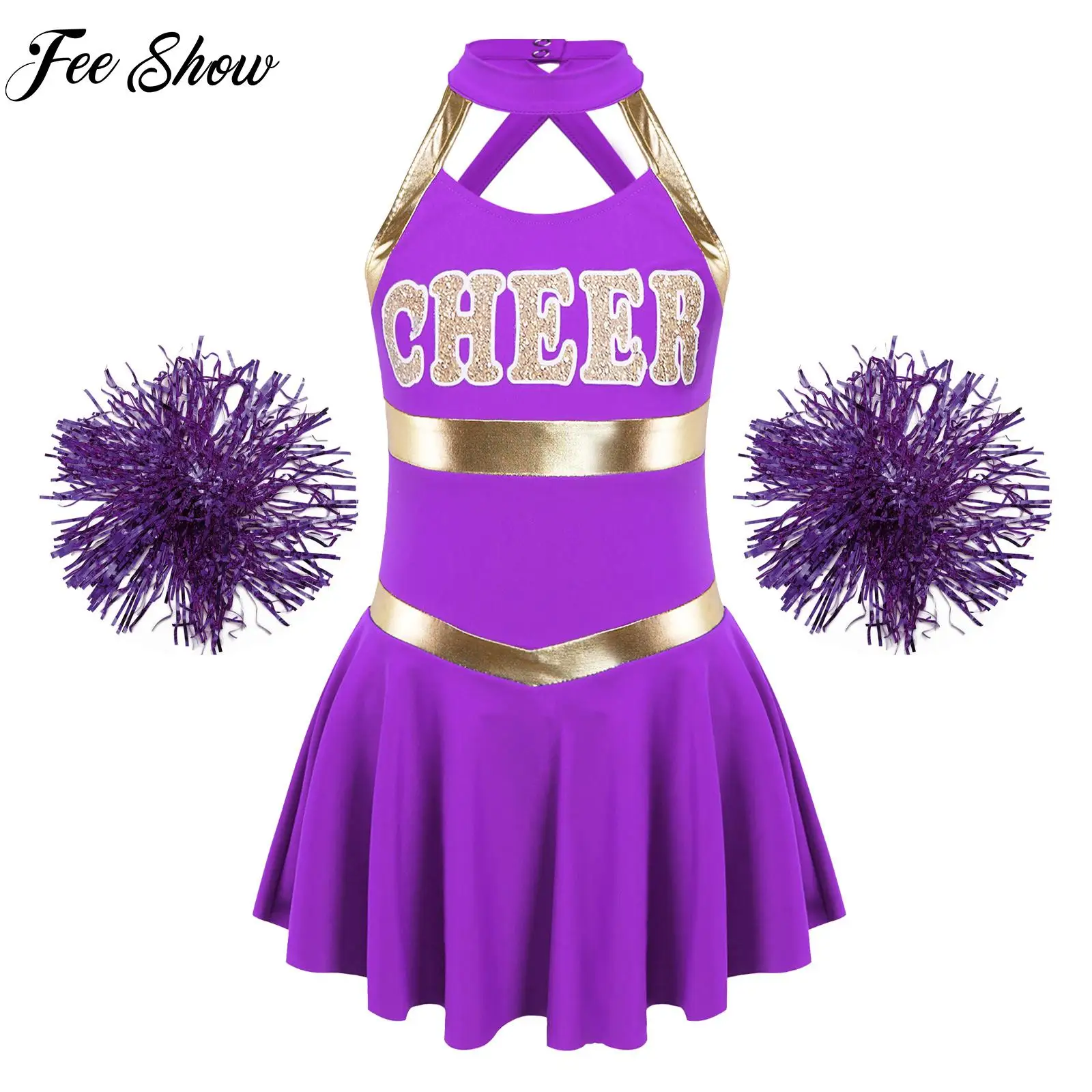 

Kids Cheerleader Uniforms with Flower Balls Sets for Halloween Cosplay Cheer Dancing Teamwear Cheerleading Costume