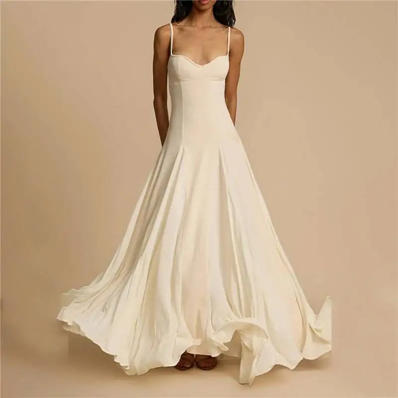 

Sexy Solid Pleated Hem Sling Dress Women Fashion Maxi Sleeveless Backless Dresses Female 2026 Summer Party Evening A-line Robes