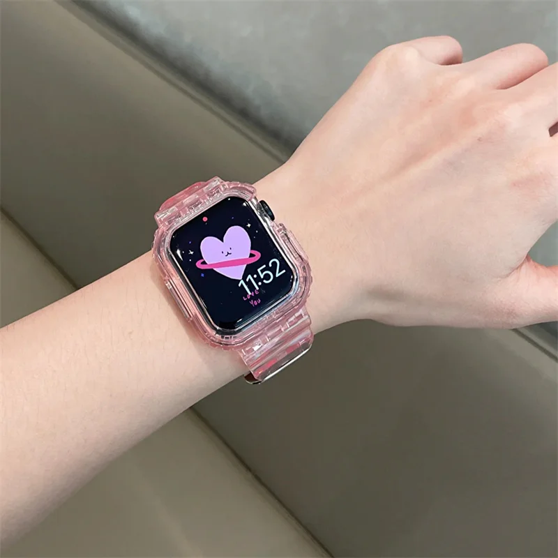 Cute Pink Transparent Case+Strap For Apple Watch Band 49mm 41mm 40mm 44mm 42mm 38 Silicone Bracelet For iWatch 8 7 SE 6 5 Cases