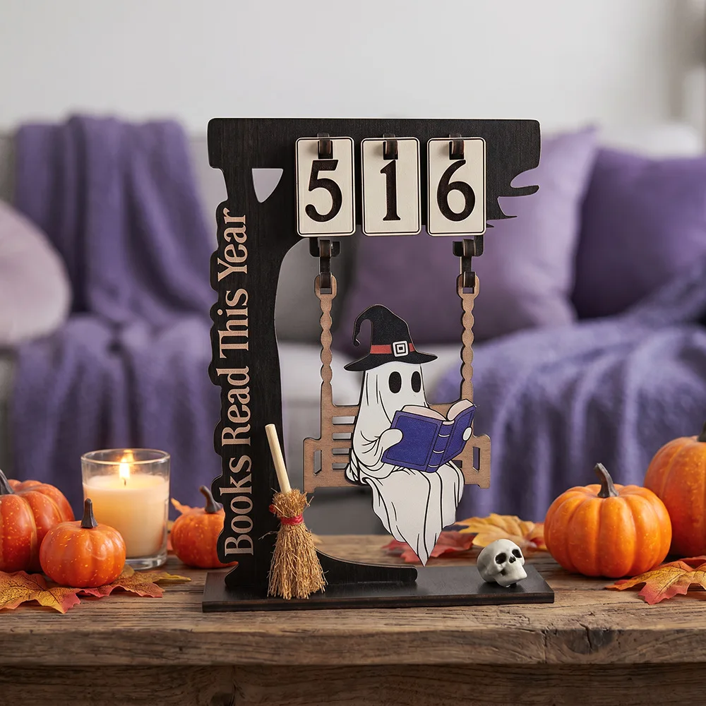 Halloween Wooden Reading Tracker Decor, Ghost Pumpkin Book Counter Sign, Spooky Bookworm Tabletop Ornament, Gothic Reading Log Plaque for Bookshelf Desk Home Decor Gift