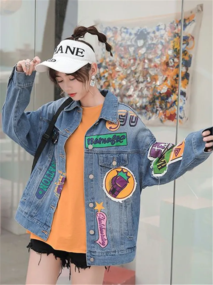 

Loose Denim Jacket Coats Female Spring Autumn New Neon Beads Piece Woman Fashion Printing Pocket Single-Breasted Korean Letter