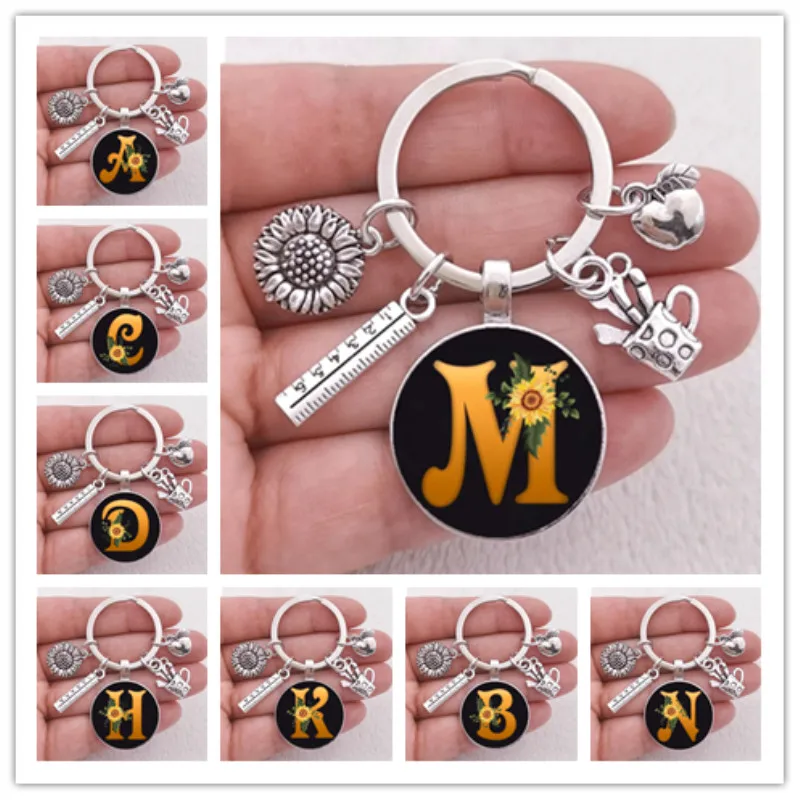 Fashion Sunflower Flower Letter A-Z Keychain cute Sun flowers Keychain Cute Simplicity Style pen holder keychain teacher Gifts