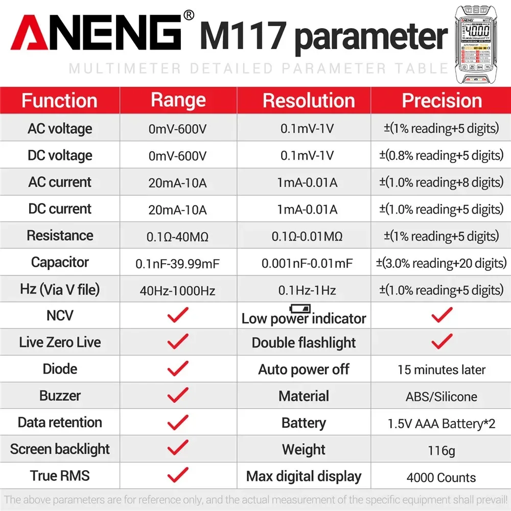 ANENG M117 Capacitor Tester Resistance Current Voltage Multimetro 4000 Counts Instruments Meter Multimeters NCV Backlight Tools